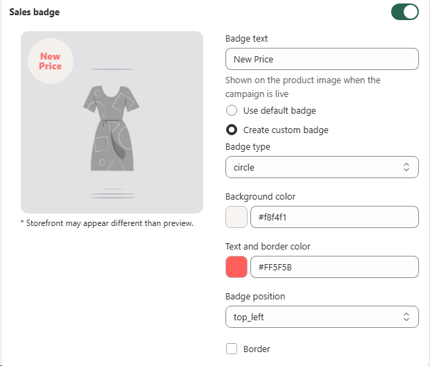 Sales badge panel inside a Tiered Unit Pricing campaign, with badge text New Price, circle badge type, custom background and text colors, and top_left position