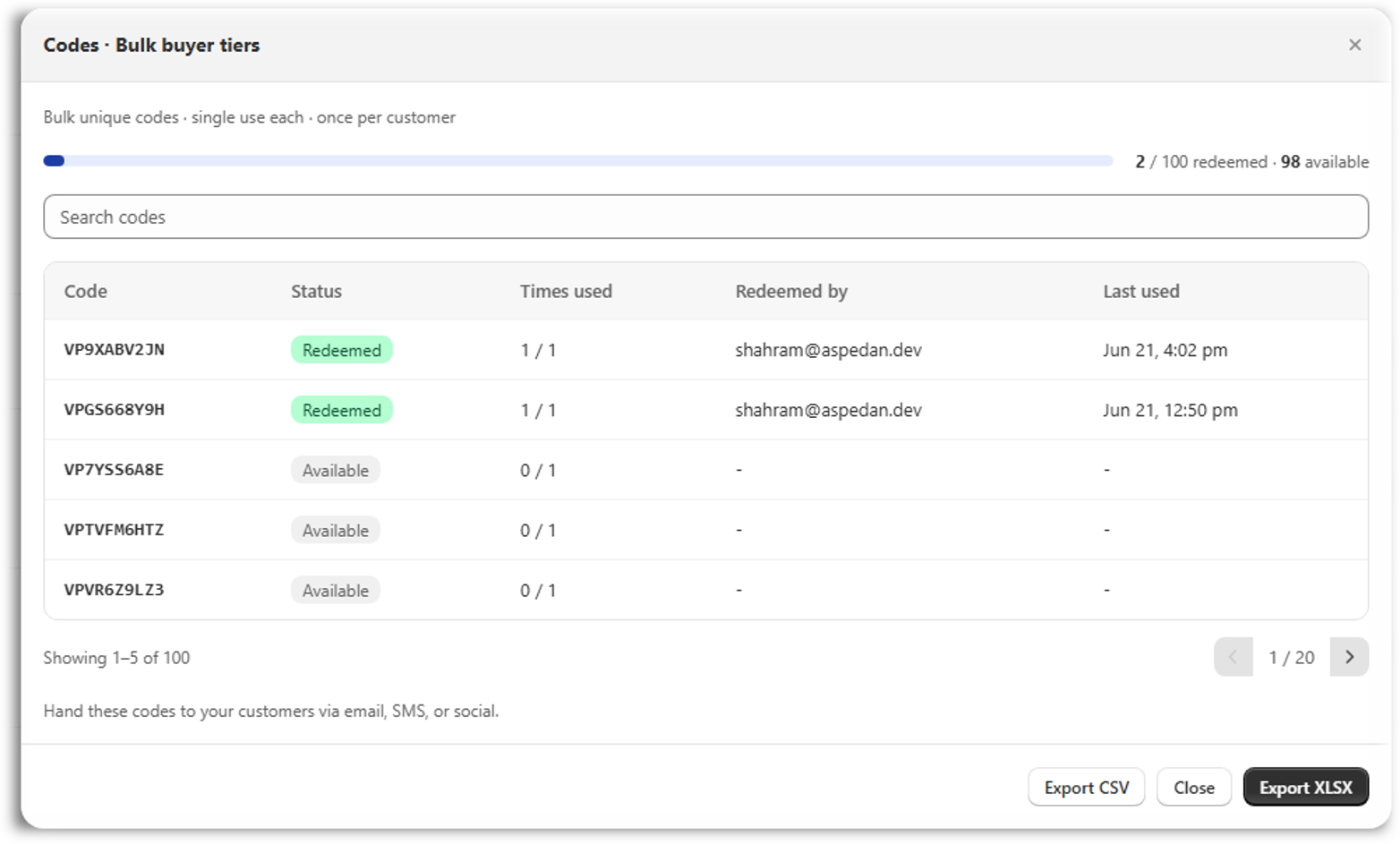 Bulk discount code manager showing redeemed and available codes, usage counts, redeemed-by emails, and CSV or XLSX export buttons