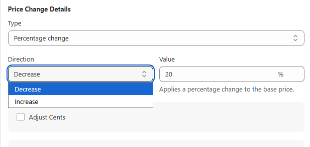 Bulk price change details panel with a Direction dropdown showing Decrease and Increase options