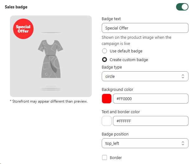 Sales badge configuration panel showing custom badge preview, text, type, colors, position, and border options