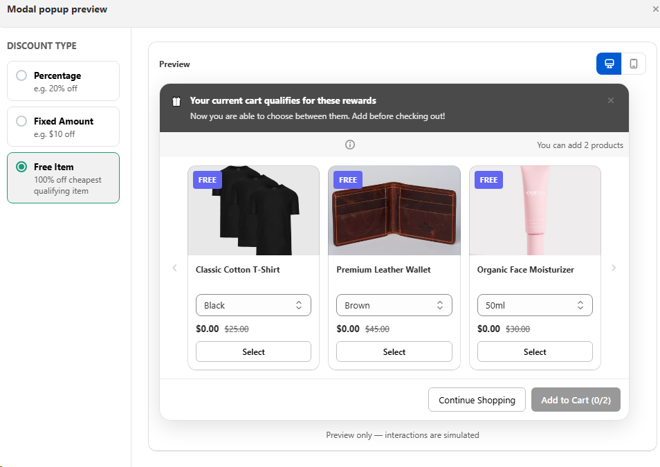 BOGO modal popup preview with discount type Free Item selected and three reward products with FREE badges and Add to Cart 0 of 2 button