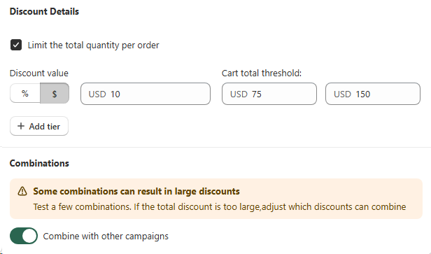 Discount Details panel with Limit the total quantity per order enabled, a fixed-amount value of USD 10, and cart total thresholds of USD 75 and USD 150