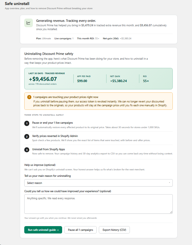 Safe uninstall guide with campaign backup and CSV export