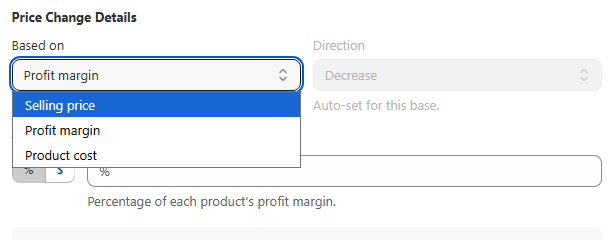 Price Change Details panel showing a Based on dropdown with Selling price, Profit margin, and Product cost options