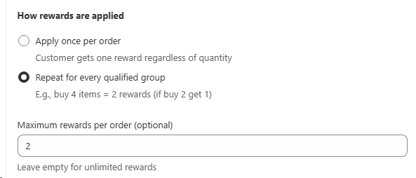 How rewards are applied panel with Apply once per order, Repeat for every qualified group, and Maximum rewards per order field