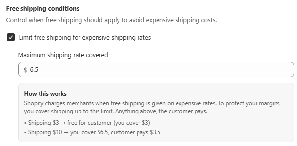 Free shipping conditions panel with Limit free shipping for expensive shipping rates toggle and a Maximum shipping rate covered input