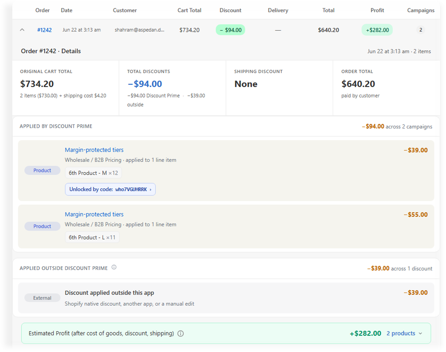Order details showing the bulk discount code that unlocked the discount, alongside applied Prime campaigns and external discounts