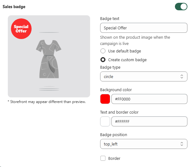 Sales badge panel showing custom badge text, shape, colors, and position settings