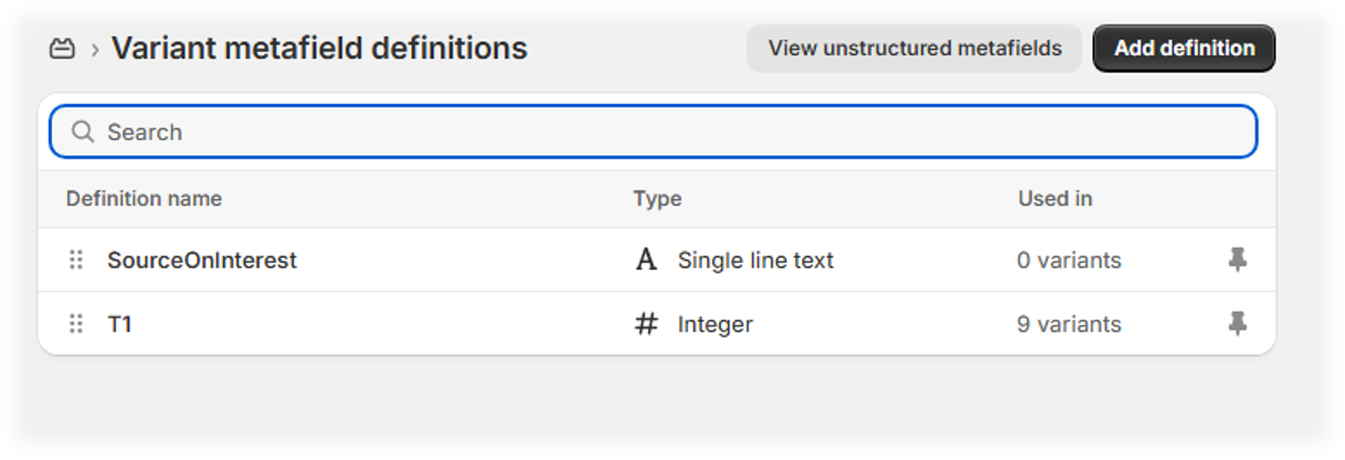Shopify Variant metafield definitions list showing SourceOnInterest and T1 definitions with their types and usage counts