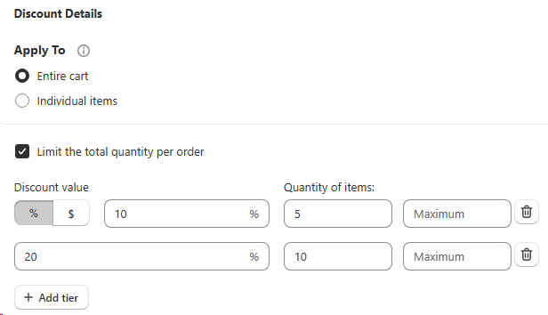 Discount Details panel with Apply To choices Entire cart or Individual items, plus two quantity tiers, 10% off at 5 units and 20% off at 10 units
