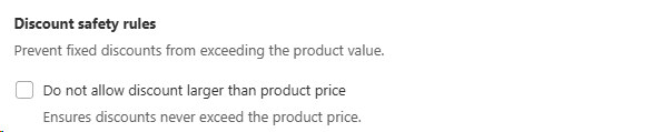 Discount safety rules panel with Do not allow discount larger than product price option