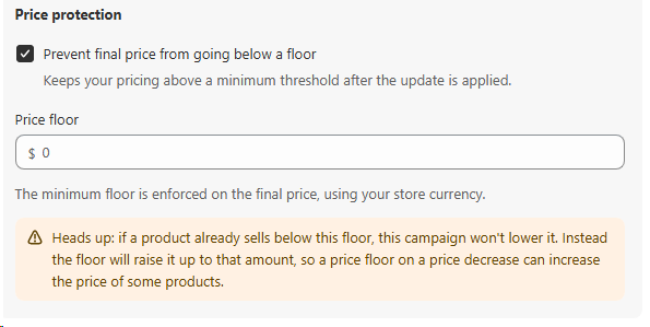 Price protection panel with a Price floor input and a heads-up note about floors raising products that already sell below the threshold