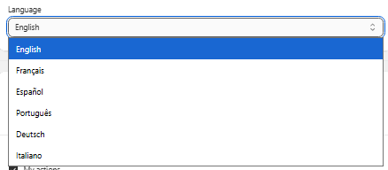 Language selector dropdown with English, French, Spanish, Portuguese, German and Italian