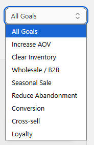 Template categories: All Goals, Increase AOV, Clear Inventory, Wholesale/B2B, Seasonal Sale, Reduce Abandonment, Conversion, Cross-sell, Loyalty