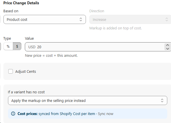 Price Change Details panel showing Product cost base, Increase direction, and a markup value with New price equals cost plus this amount