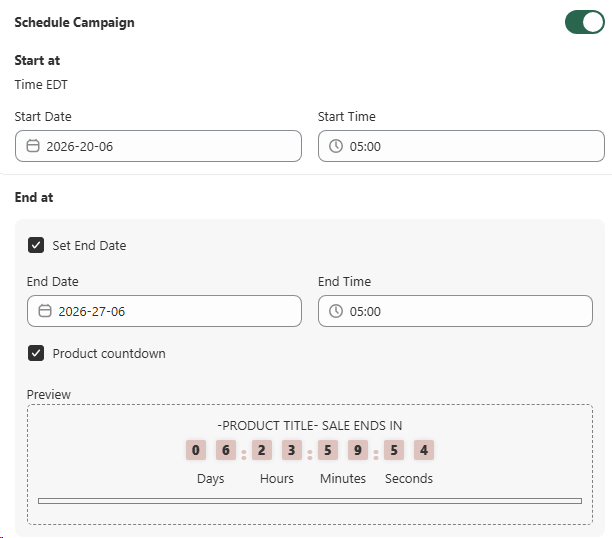 Schedule campaign panel showing start and end dates, times, and a product countdown preview
