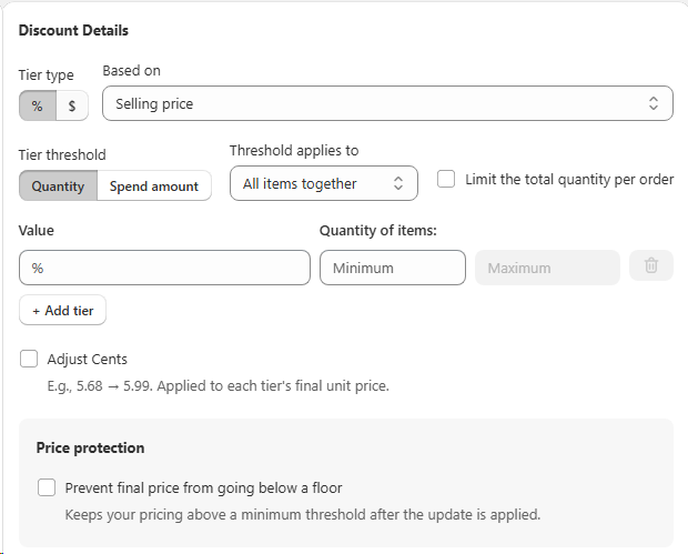 Discount Details panel showing tier type selector, threshold options, value fields, min/max quantity inputs, and price protection settings