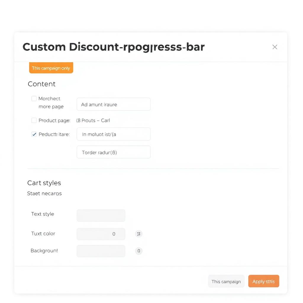 Custom Discount progress bar configuration panel showing display location checkboxes, message templates, and card style settings