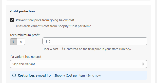 Profit protection panel showing minimum profit settings and cost sync from Shopify