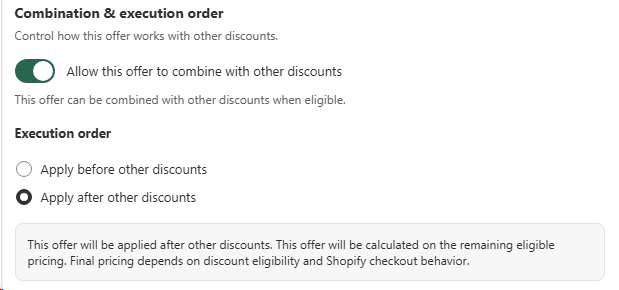 Combination and execution order panel with Allow this offer to combine toggle and Apply before or after other discounts radios